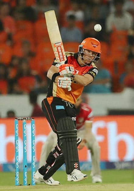 David Warner captain of Sunrisers Hyderabad plays a shot during an IPL 2017