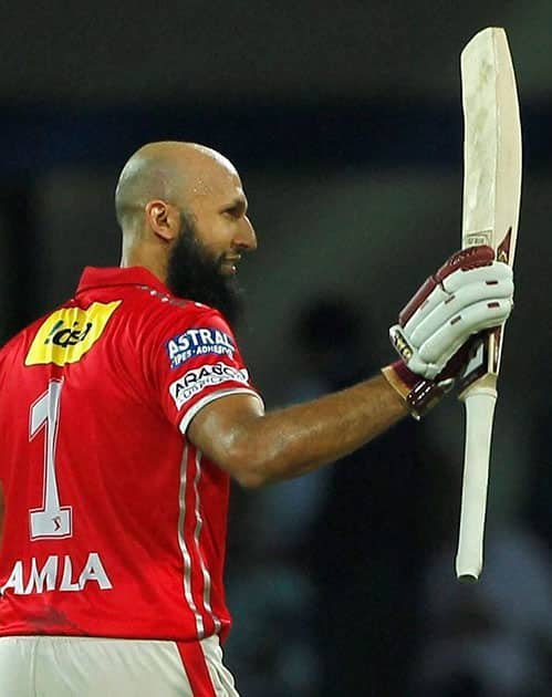 Hashim Amla of Kings XI Punjab celebrates his Hundred runs during IPL