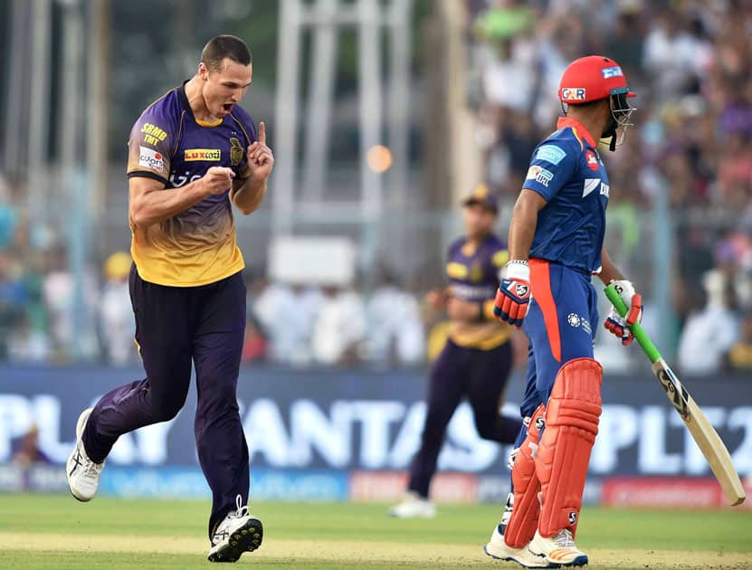 KKR bowler Nathan C-Nile exults after dismissal