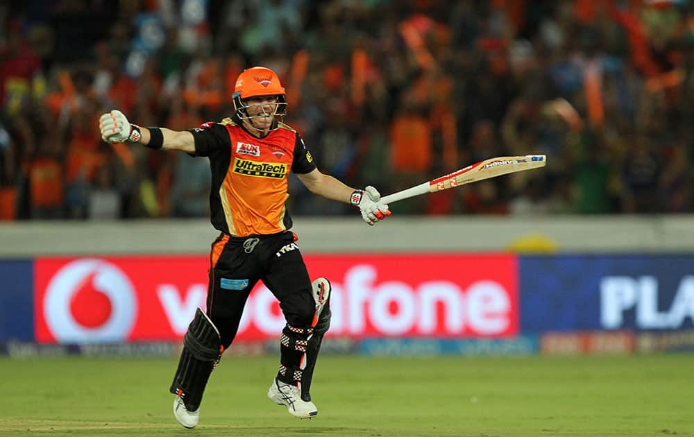 David Warner celebrates his century during their IPL match