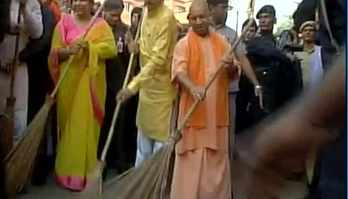 CM Yogi Adityanath wields broom in Lucknow, vows to make UP open defecation free by 2018