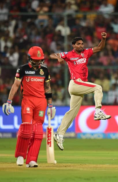 Sandeep Sharma celebrates after taking wicket of captain Virat Kohli