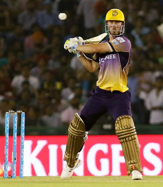 Chris Lynn of KNR plays a shot during an IPL match against Kings XI Punjab in Mohali