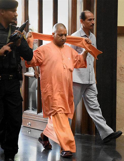 UP Chief Minister Yogi Adityanath arrives for a cabinet meeting at Lok Bhawan in Lucknow