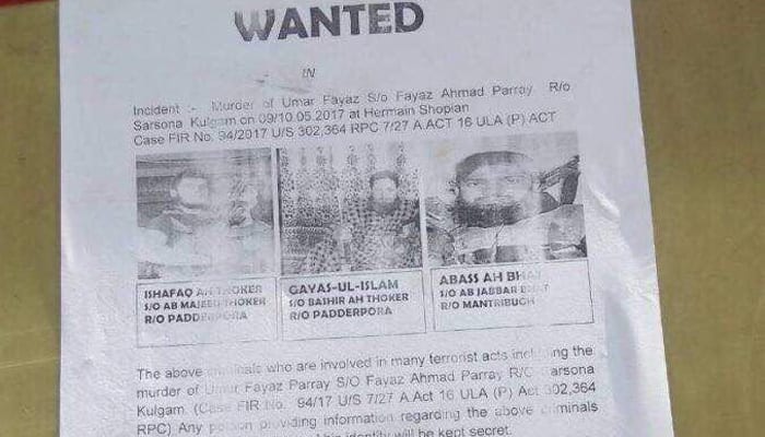 J&amp;K Police release posters of LeT, Hizbul Mujahideen terrorists involved in killing of Army officer Lt Ummer Fayaz 