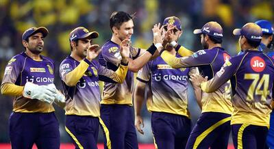 KKR bowler Trent Boult being greeted by his teammates