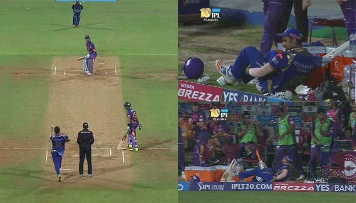 WATCH: Rohit Sharma lands in RPS dug out as MS Dhoni hits Mitchell McClenaghan for a towering six