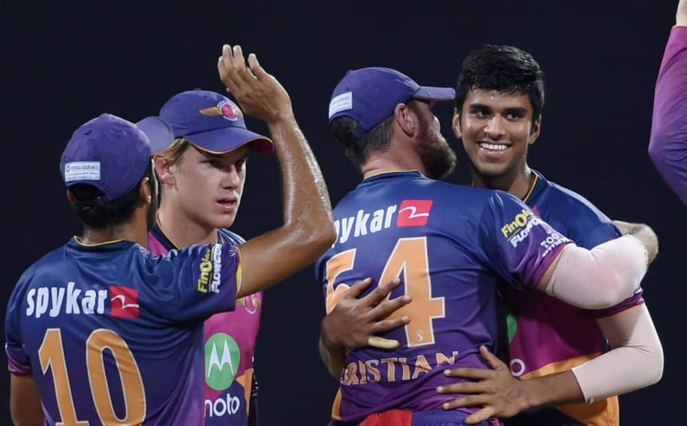 Washington Sundar celebrates the wicket of Rahul Sharma