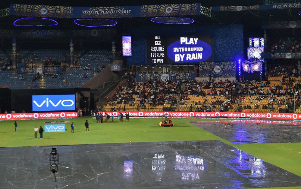 Pitch covered by plastic sheet as it rains