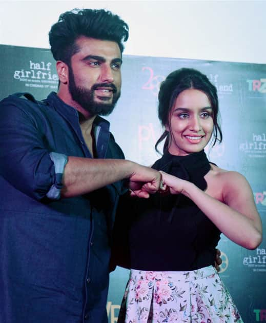 Bollywood film actress Shraddha Kapoor with her co-star Arjun Kapoor during a promotional event for their upcoming flick Half-Girlfriend, in Kolkata.