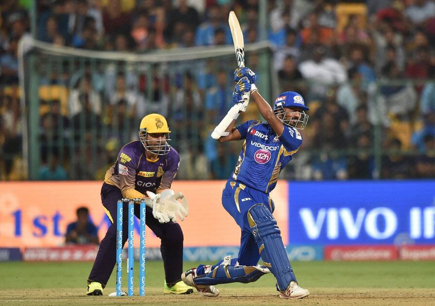 Mumbai Indians Krunal Pandya plays a shot during the IPL 10 Qualifier2 match between Kolkata Knight Riders and Mumbai Indians at Chinnaswamy Stadium in Bengaluru.