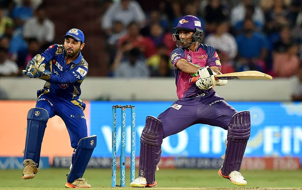 Ajinkiya Rahane plays a shot during the IPL 10 Final match