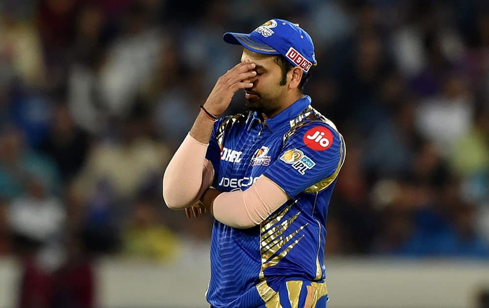 Rohit Sharma reacts after a missfielding during the IPL 10 Final match