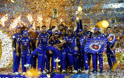 Mumbai Indians players with IPL 10 trophy after they win the IPL 10 Final match
