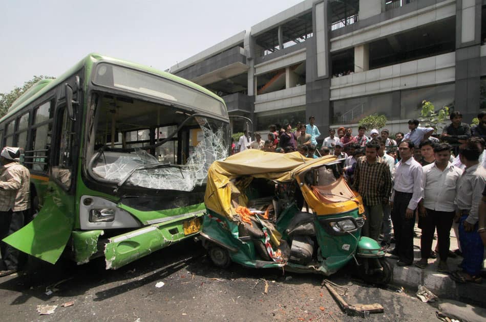 DTC bus hits autorickshaw in Delhi DTC bus hits autorickshaw in Delhi