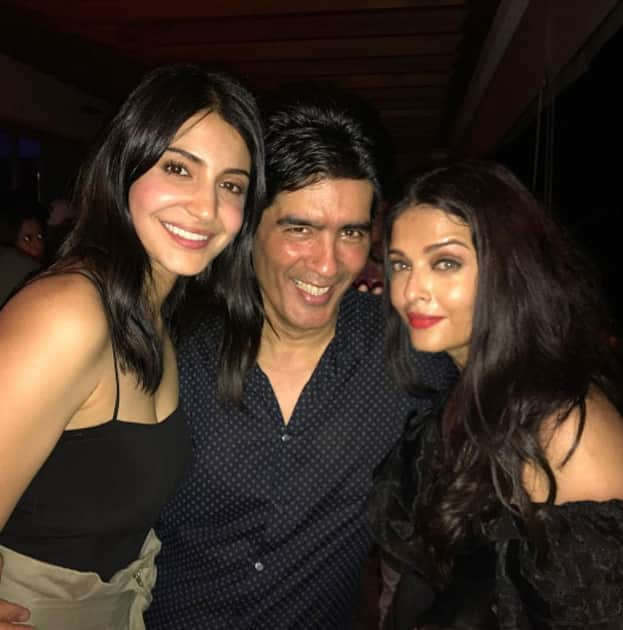 Anushka Sharma, Manish Malhotra and Aiswarya Rai Bachchan during Karan Johar`s 45th birthday party