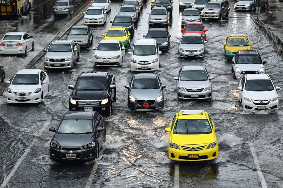 Flooded road in downtown Bangkok