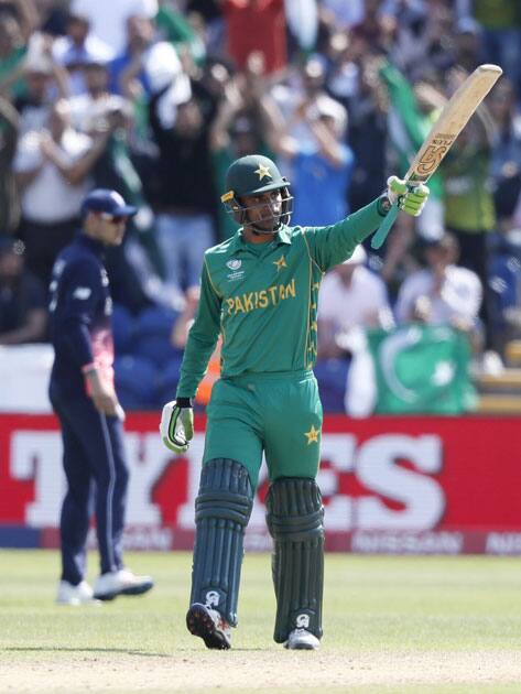 Pakistans Fakhar Zaman celebrates scoring 50 runs