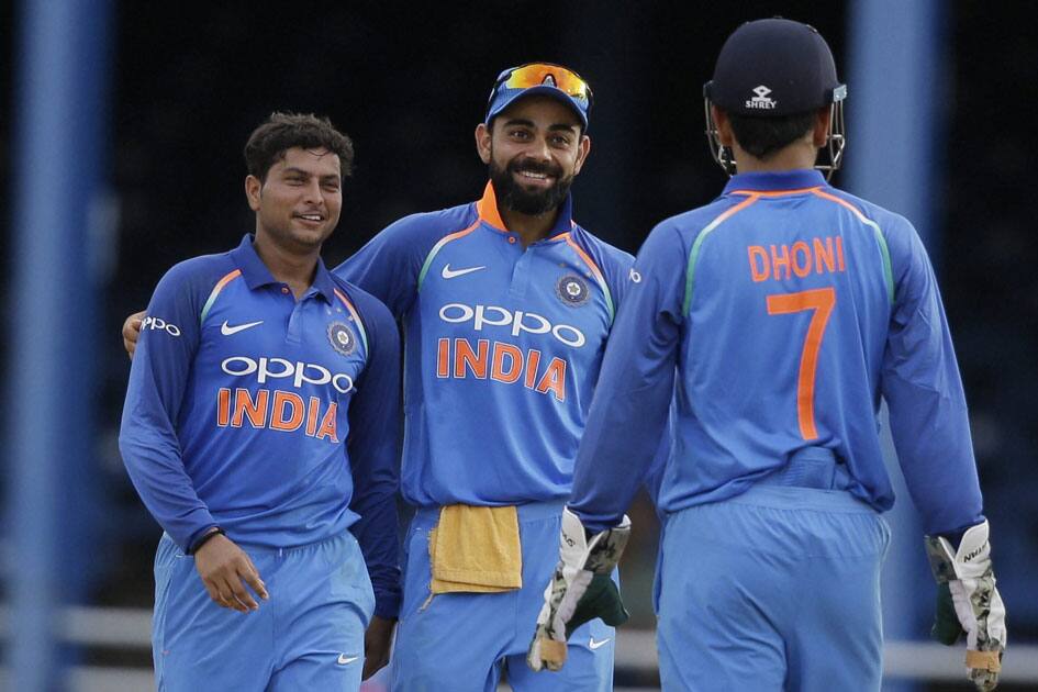 Indias spin bowler Kuldeep Yadav celebrates