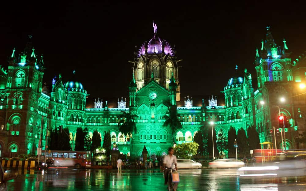 CST station illuminated in green light