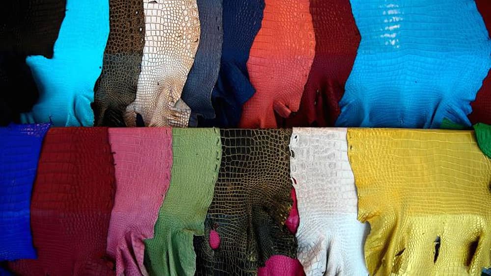 Dyed crocodile skins are displayed at Sriracha Crocodile Farm