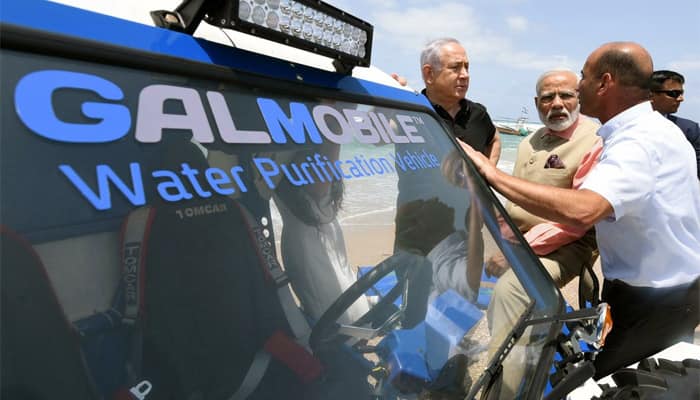 PM Narendra Modi and Israeli counterpart Benjamin Netanyahu view demo of a tech pioneered by Israel for desalination of sea water and purification in disaster-hit and remote areas