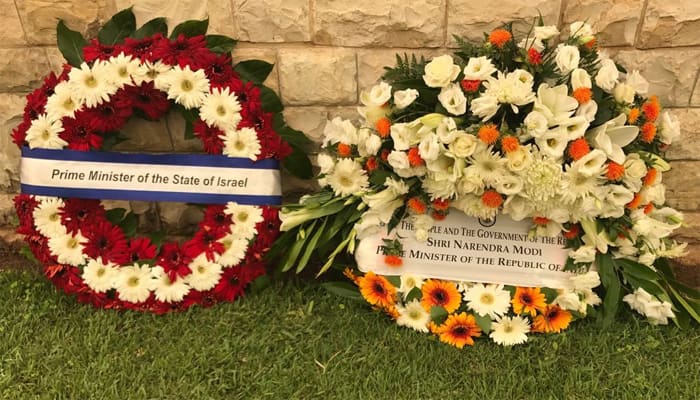 Together in homage to the fallen brave. Wreaths by PM Narendra Modi & PM Netanyahu at Haifa