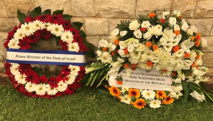 Together in homage to the fallen brave. Wreaths by PM Narendra Modi and PM Benjamin Netanyahu at Haifa