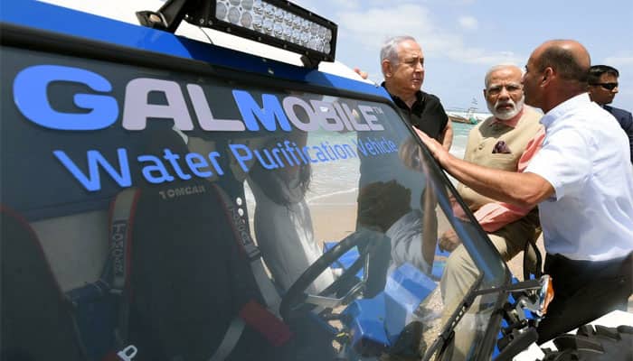 PM Narendra Modi and PM Benjamin Netanyahu view demo of a tech pioneered by Israel for desalination of sea water and purification in disaster-hit and remote areas