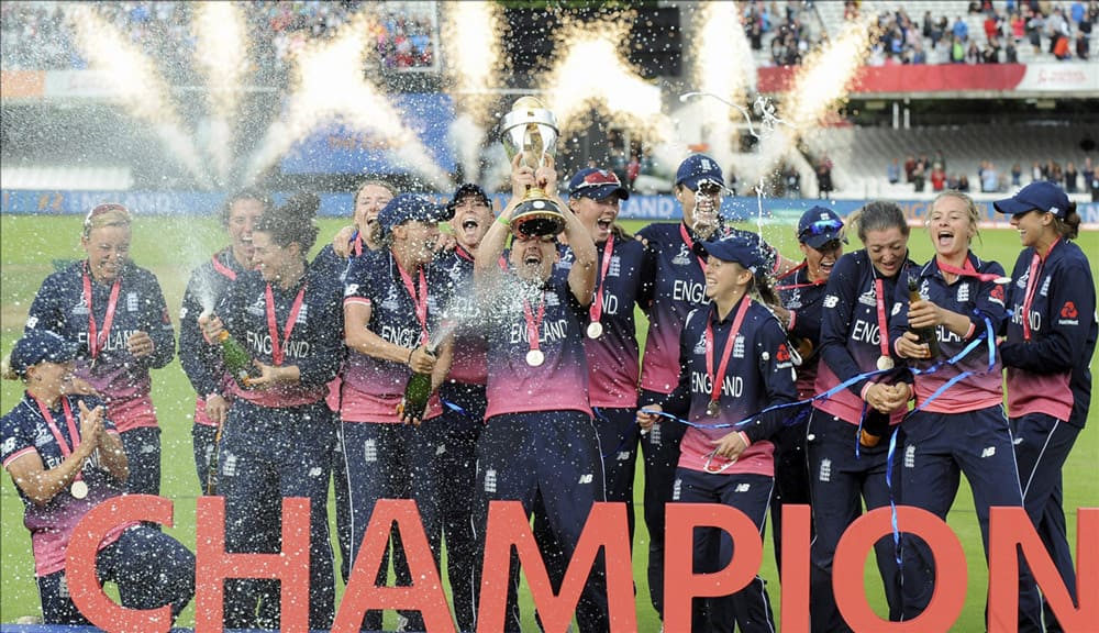 England players celebrate with trophy