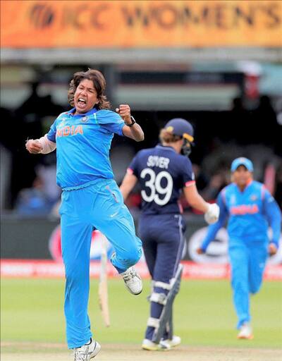 Jhulan Goswami celebrates after dismissing Natalie Sciver