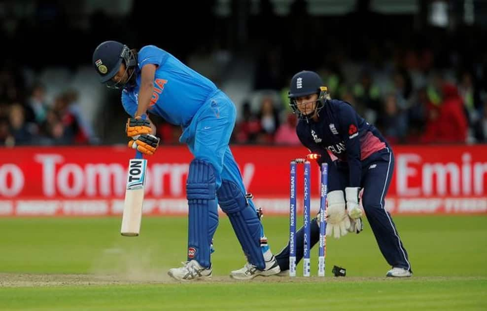 India's Jhulan Goswami clean bowled by England's Anya Shrubsole