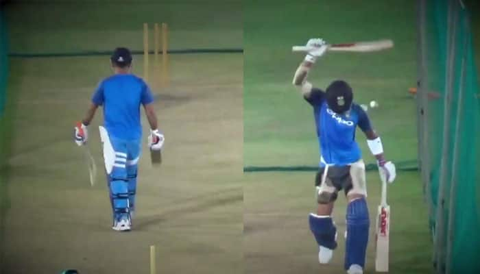 WATCH: Virat Kohli welcomes MS Dhoni in nets, waves bat like helicopter blade as he walks in