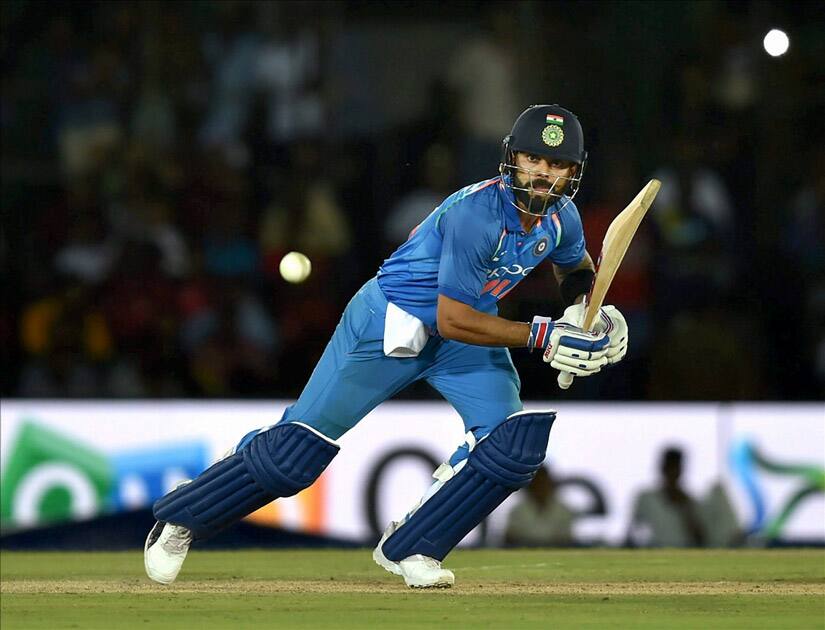 Virat Kohli plays a shot against Sri Lanka