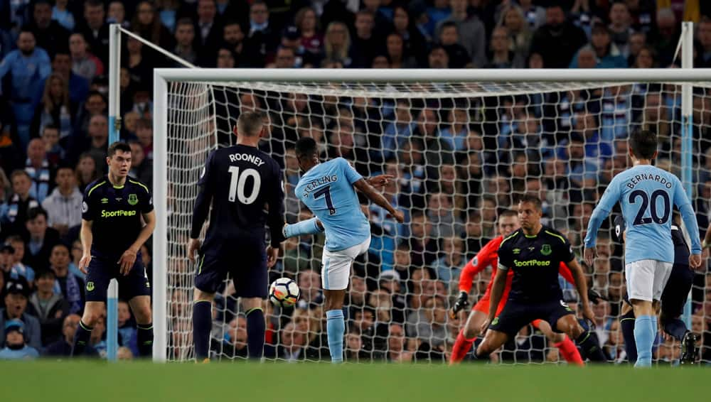 Manchester City's Raheem Sterling scores against Everton