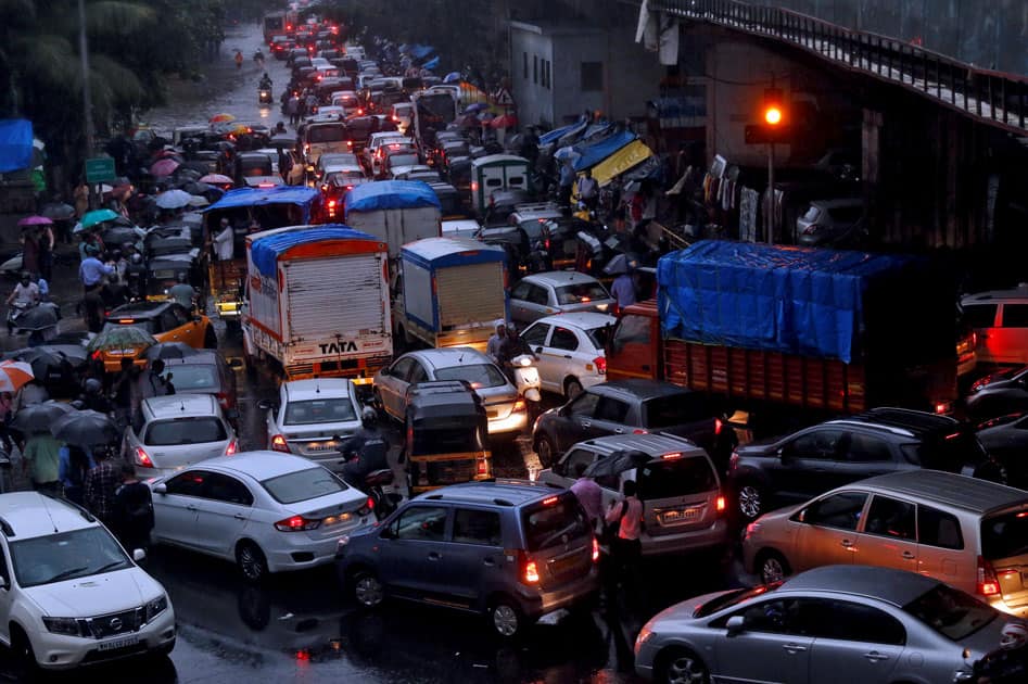 Vehicles are seen stuck in a traffic jam