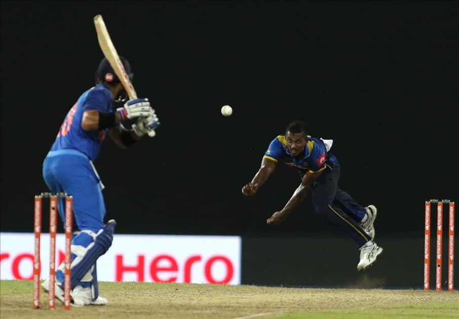 Vishwa Fernando in action during the fifth ODI match Vishwa Fernando in action during the fifth ODI match