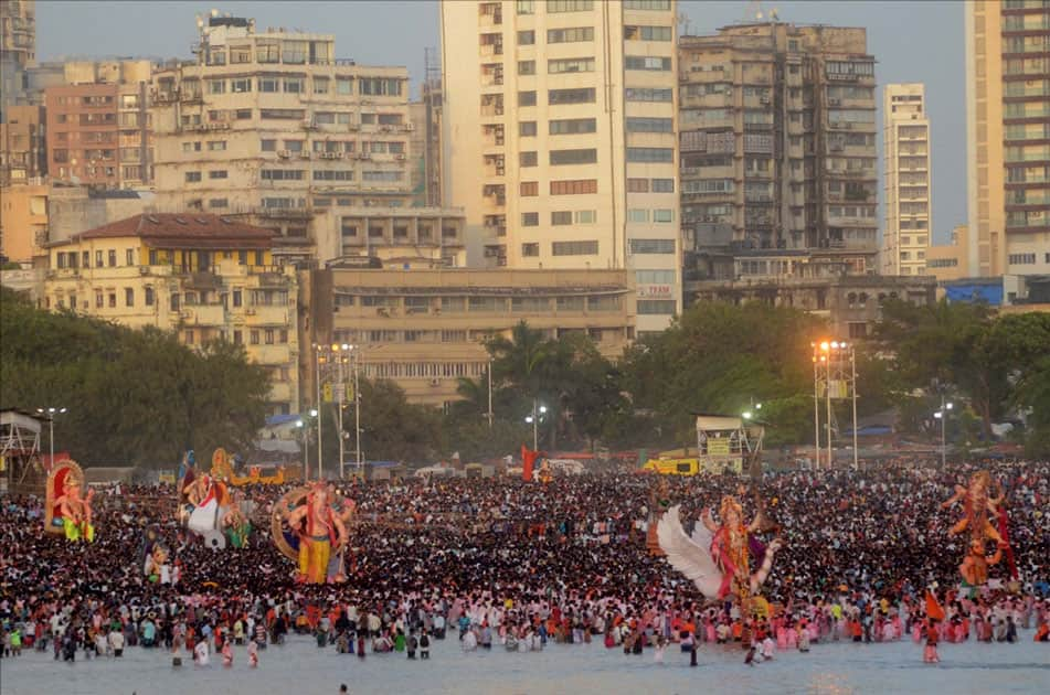 Ganesh immersion underway at Girgaum sea beach in Mumbai