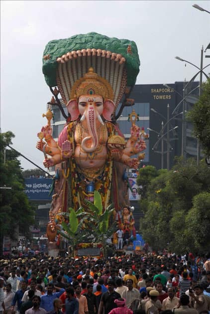 A Ganesh idol being taken for immersion in Hyderabad.