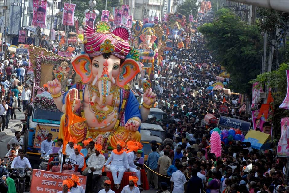 A Ganesh idol being taken for immersion in Hyderabad.