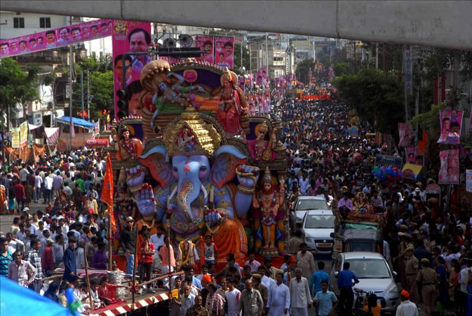 A Ganesh idol being taken for immersion in Hyderabad.