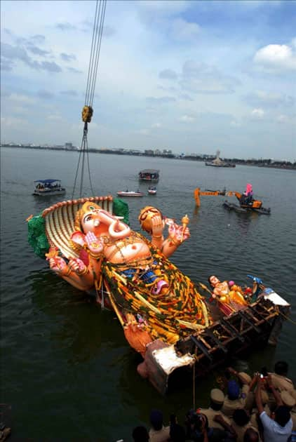 A Ganesh idol being taken for immersion in Hyderabad.