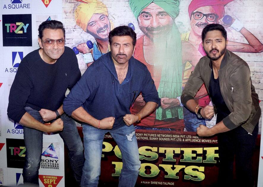 Bollywood actor Sunny Deol with Bobby Deol and Shreyas Talpade