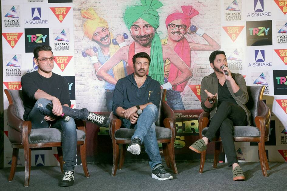 Actors Sunny Deol, Bobby Deol and Shreyas Talpade during a press conference to promote their upcoming film 