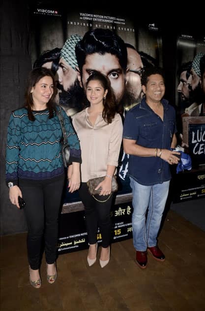 Cricket legend Sachin Tendulkar and his wife Anjali Tendulkar and daughter Sara Tendulkar during the special screening of film Lucknow Central