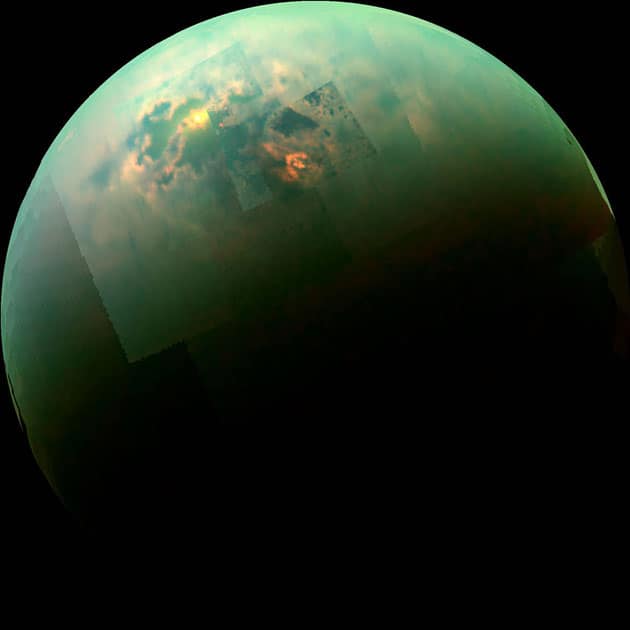 This near-infrared, color mosaic from NASA's Cassini spacecraft shows the sun glinting off of Titan's north polar seas