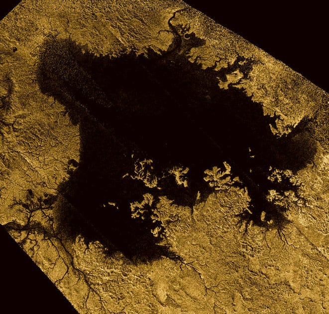 Ligeia Mare, shown here in a false-color image from NASA's Cassini mission, is the second largest known body of liquid on Saturn's moon Titan