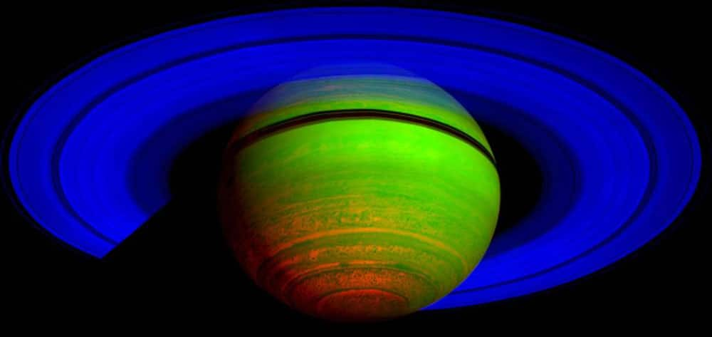 This false-color composite image, constructed from data obtained by NASA's Cassini spacecraft, shows Saturn's rings and southern hemisphere