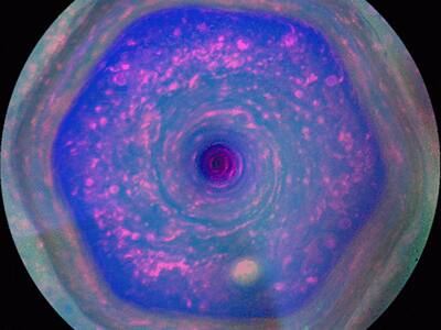 This colorful view from NASA's Cassini mission is the highest-resolution view of the unique six-sided jet stream at Saturn's north pole known as 