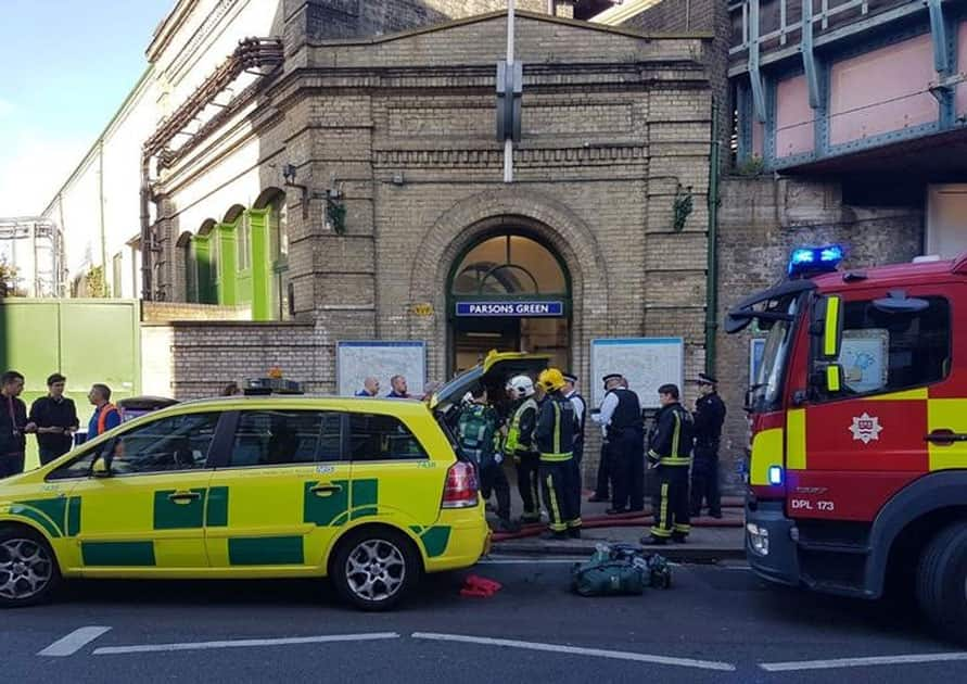 Emergency services attend the scene following a blast on an underground train at Parsons Green station in West Londo